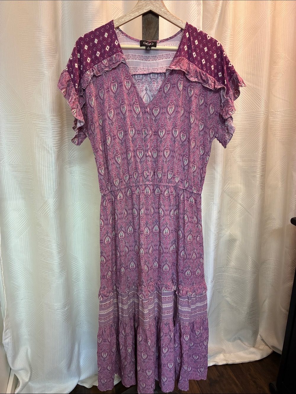 Gigio Purple Paisley Tiered Maxi Dress with Ruffle Sleeves